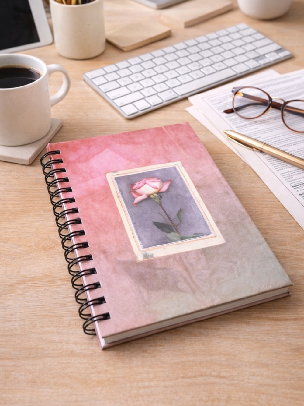 Pink Rose Spiral Journal | Floral Aesthetic Notebook | Lined Pages